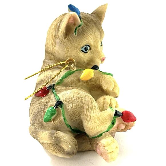 Cat Tangled in Christmas Lights Ornament Resin Kitten Holiday Figurine 3” Cute - Picture 2 of 5